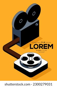 Movie poster design template background with vintage film camera. Can be used for backdrop, banner, brochure, leaflet, flyer, print, publication, vector illustration