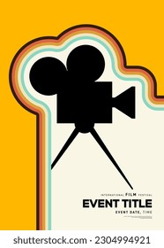 Movie poster design template background with vintage film camera. Can be used for backdrop, banner, brochure, leaflet, flyer, print, publication, vector illustration