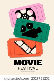 Movie poster design template background with vintage film ticket. Can be used for backdrop, banner, brochure, leaflet, flyer, print, publication, vector illustration