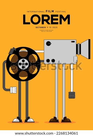 Movie poster design template background with vintage film camera. Can be used for backdrop, banner, brochure, leaflet, flyer, print, publication, vector illustration