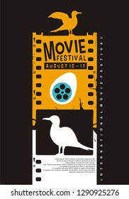 Movie Poster Festival Creative Idea With Film Strip And Birds Graphics. Art Vector For Entertainment Industry. Cinema Flyer On Black Background.