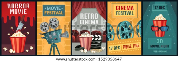 Movie poster.\
Horror film, cinema camera and retro movies night posters template.\
Old movie festival invitations cards, cinematography ticket or\
brochure vector illustration\
set