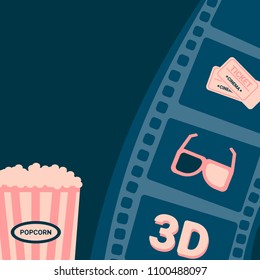 Movie poster with popcorn, tickets and 3D glasses. Cinema vector illustration on blue background.