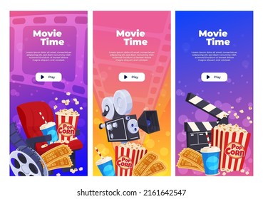 Movie poster template. Banner with the image of cinema elements. Online cinema, film festival. Vector illustration