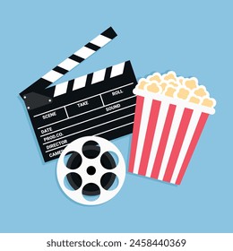 Movie poster template. Cinema background with a film reel, popcorn bucket and clapperboard. Vector illustration in flat style