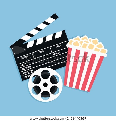 Movie poster template. Cinema background with a film reel, popcorn bucket and clapperboard. Vector illustration in flat style