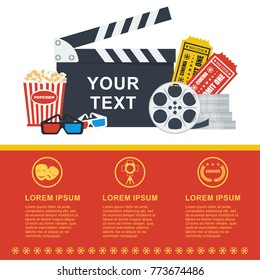 Movie poster template. Cinema flat vector cartoon illustration. Objects isolated on white background.