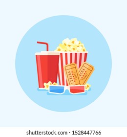 Movie poster template with popcorn bucket, soda, tickets and 3D glasses. Round cinema design in flat style. Vector illustration.