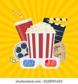 Plantilla de póster de película. Palomitas de maíz, refrescos para llevar, vasos de cine en 3D, carrete de película y entradas. Diseño de cine. Ilustración vectorial en estilo plano