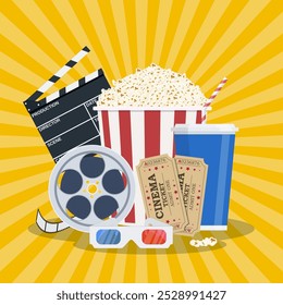 Plantilla de póster de película. Palomitas de maíz, refrescos para llevar, vasos de cine en 3D, carrete de película y entradas. Diseño de cine. Ilustración vectorial en estilo plano