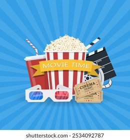 Plantilla de póster de película. Palomitas de maíz, refrescos para llevar, vasos de cine en 3D, carrete de película y entradas. Diseño de cine. Ilustración vectorial en estilo plano