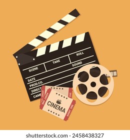 Movie poster template. Retro Cinema background with an open clapper board, film reel and movie tickets. Vector illustration in flat style