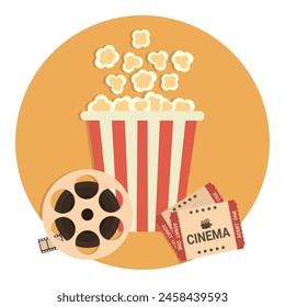 Movie poster template. Retro Cinema emblem with a film reel, popcorn bucket and movie tickets. Vector illustration in flat style