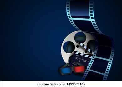 Movie poster template with sample text for cinema design. Film reel, 3d cinema glasses, clapper board and twisted cinema tape isolated on blue background. Cinematography concept. Vector illustration.