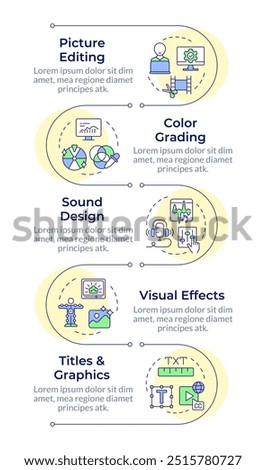 Movie post-production infographic vertical sequence. Film editing, cinematography. Visualization infochart with 5 steps. Circles workflow