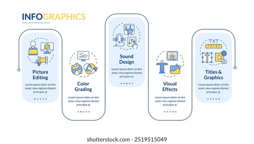 Movie post-production phase rectangle infographic vector. Video footage, color correction. Data visualization with 5 steps. Editable rectangular options chart