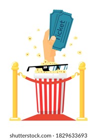 Filmpremier-Hintergrund mit Kinoattribut als goldener Barriere, Hand mit Ticketheben aus Popcornschüssel, Brille, Vektorgrafik einzeln auf Weiß
