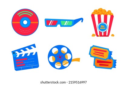 Movie premiere at the cinema - flat design style icons set. High quality colorful images of CD, 3D glasses for watching a film, clapperboard, popcorn and two tickets. Leisure, fun and rest idea