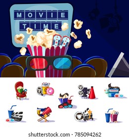 Movie premiere concept with snacks soda tickets 3D glasses chairs award and equipment for cinema production vector illustration