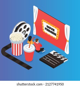 Movie premiere isometric 3d vector concept for banner, website, illustration, landing page, flyer, etc.