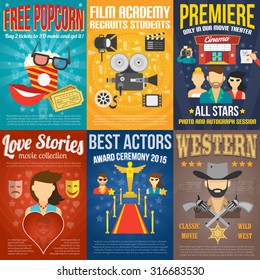 Movie premiere mini promo poster templates set isolated vector illustration