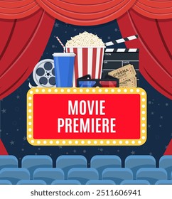 Movie premiere poster design with cinema curtains, seats and sign. Vector illustration in flat style