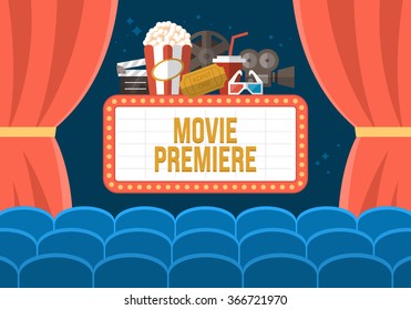 Movie Premiere Poster Design With Cinema Curtains, Seats And Sign. Flat Stylish Vector Illustration