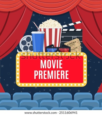 Movie premiere poster design with cinema curtains, seats and sign. Vector illustration in flat style