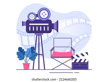 Movie Premiere Show or Cinema with Camera, Popcorn, Clapperboard, Film Tape and Reel in Flat Design Background Illustration