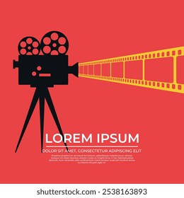 Movie premiere template design with retro movie camera and film strip. Bright movie film poster background with text. Vector illustration