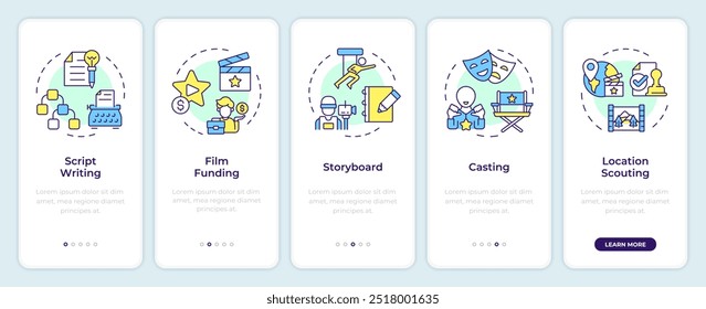 Tela do aplicativo móvel onboarding de pré-produção do filme. Passo a passo 5 passos instruções gráficas editáveis com conceitos lineares. UI, UX, modelo de GUI