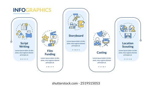 Movie pre-production phase rectangle infographic vector. Film funding, screenwriting. Data visualization with 5 steps. Editable rectangular options chart