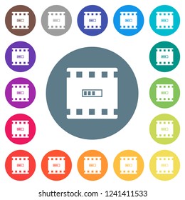 Movie processing flat white icons on round color backgrounds. 17 background color variations are included.