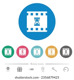 Movie processing flat white icons on round color backgrounds. 6 bonus icons included.