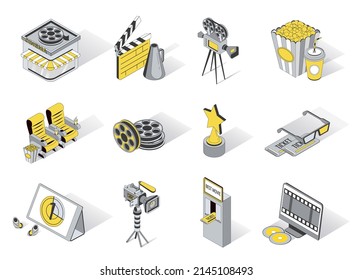 Movie production 3d isometric icons set. Pack elements of cinema, video camera, clapperboard, megaphone, film reels, awards, tickets, popcorn and drinks. Vector illustration in modern isometry design