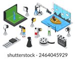 Movie production 3d isometric mega set. Collection flat isometry elements and people of backstage scenes, cinema making equipment, cameramans, shooting crew, actors, spotlights. Vector illustration.