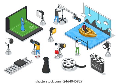 Movie production 3d isometric mega set. Collection flat isometry elements and people of backstage scenes, cinema making equipment, cameramans, shooting crew, actors, spotlights. Vector illustration.