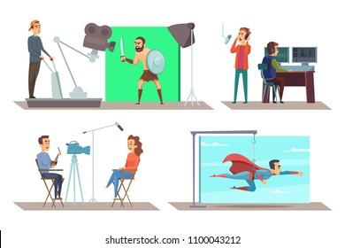 Movie production with actors on set. Making cinema with operator and actress. Vector illustration