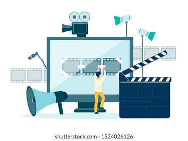 Movie production banner - cartoon editor man editing cut strip of film on computer screen by sticking it with tape. Flat isolated cinema equipment - vector illustration.