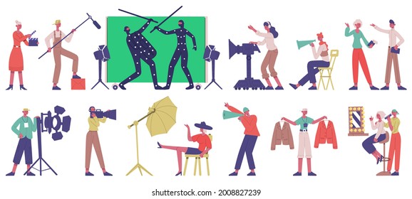 Movie production. Cinema filming shooting locations, actors and film director in movie production process vector illustration set. Film production crew. Team working with cameraman, dresser