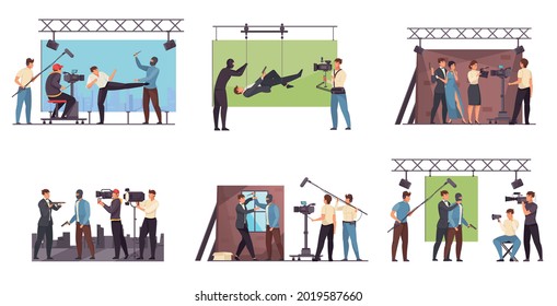 Movie production compositions flat set of video shooting scenes in pavilion and outdoors isolated vector illustration