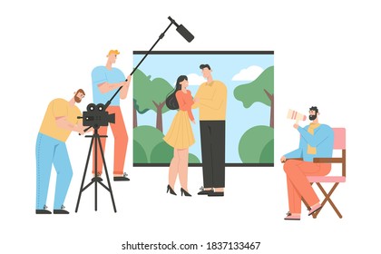 Movie production concept. Film making romantic scene with actors playing roles. Operator shooting video and recording audio. Director with megaphone manages process. Vector character illustration