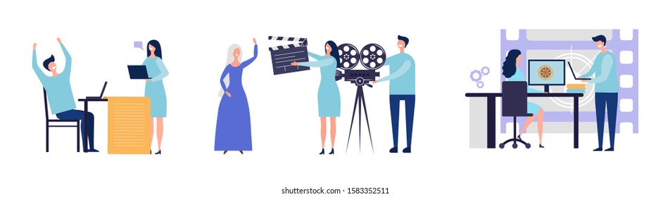 Movie production concept. Flat male female characters making film. Script, filming, post-production vector illustration