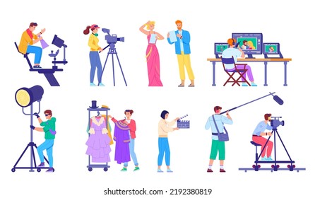 Movie production crew. Filming team cinema process television show, film director video assistant media technician sound producer actor camera operator, swanky vector illustration