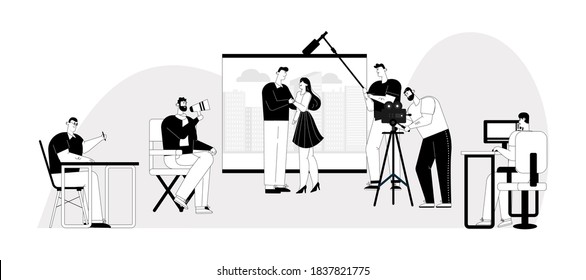 Movie production. Film making scene. Actors playing roles. Operator shooting video, audio. Video editing. Screenwriter writes script. Director manages process. Vector character linear illustration