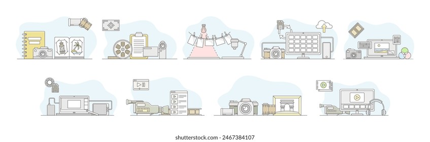 Movie Production and Filmmaking or Motion Picture Record Line Vector Set