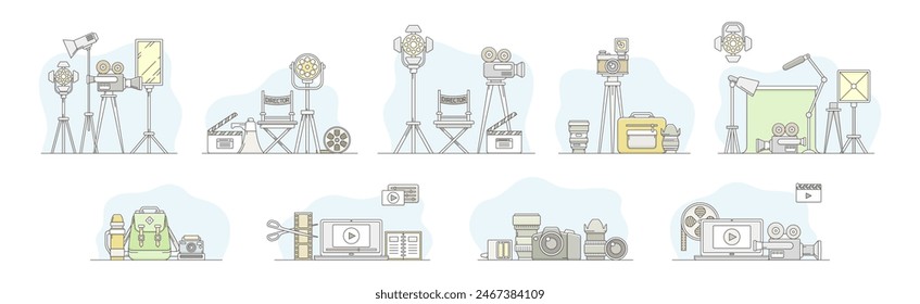 Producción de películas y producción de películas o conjunto de Vectores de la línea de grabación de imágenes en movimiento