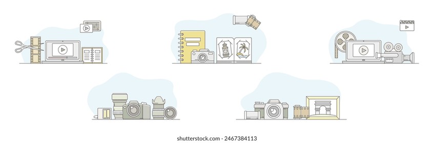 Movie Production and Filmmaking or Motion Picture Record Line Vector Set