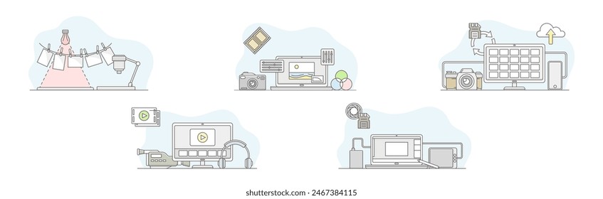 Movie Production and Filmmaking or Motion Picture Record Line Vector Set