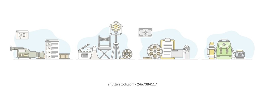 Movie Production and Filmmaking or Motion Picture Record Line Vector Set